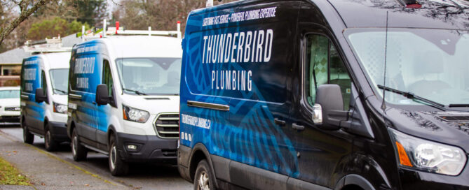 Thunderbird plumbing trucks lined up on residential street.